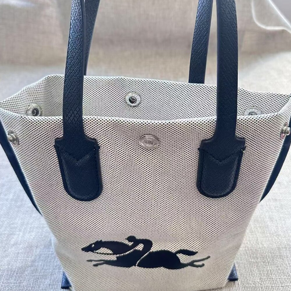 Longchamp Beige With Black Leather Handle Handbag